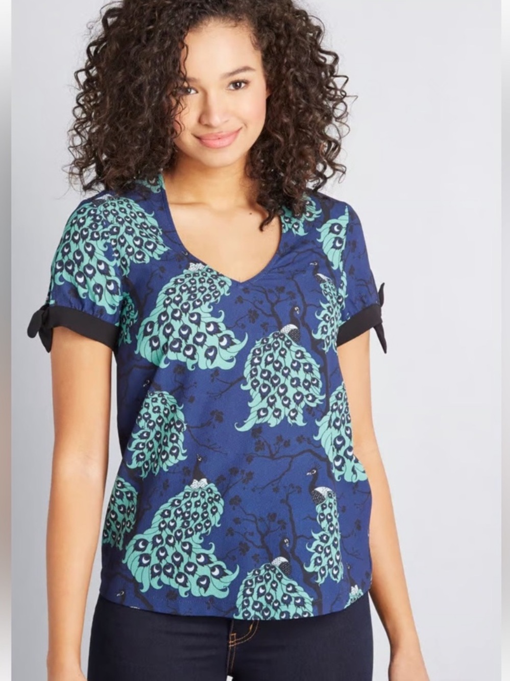 ModCloth × Dupenny Ideal Discovery Peacock Print Short Sleeve Top size L